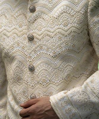 Beige embroidered cotton silk sherwani 4