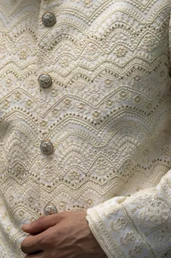 Beige embroidered cotton silk sherwani