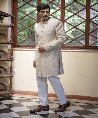 Beige embroidered cotton silk sherwani 5