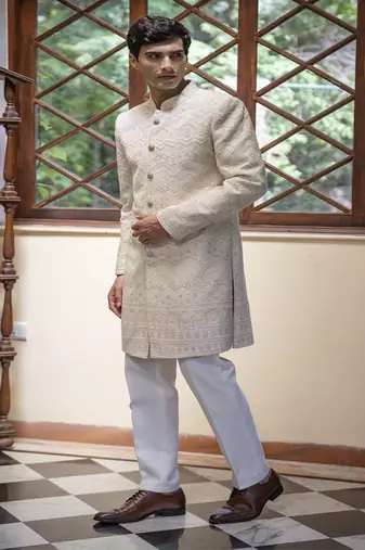 Beige embroidered cotton silk sherwani