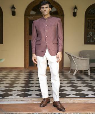 Purple plain cotton bandhgala suit 1