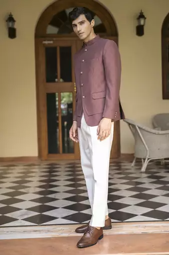 Purple plain cotton bandhgala suit