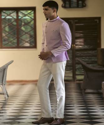 Purple plain cotton silk bandhgala suit 1
