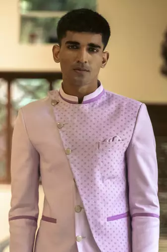 Purple plain cotton silk bandhgala suit