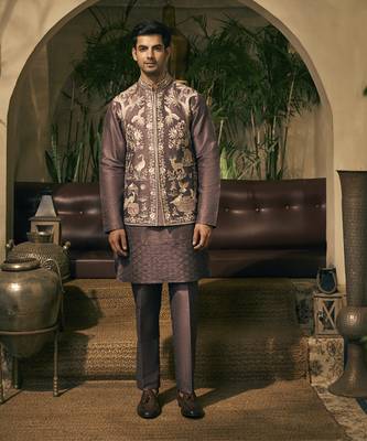 Purple motifs cotton silk kurta jacket set 1