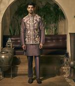 Purple motifs cotton silk kurta jacket set