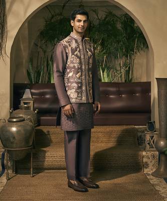Purple motifs cotton silk kurta jacket set 2