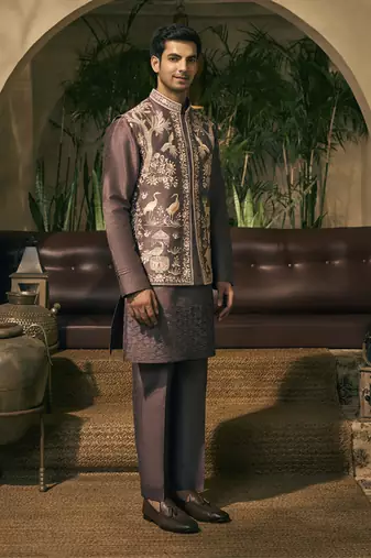 Purple motifs cotton silk kurta jacket set