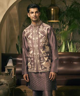 Purple motifs cotton silk kurta jacket set 4