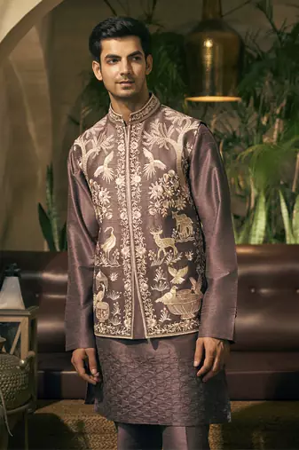 Purple motifs cotton silk kurta jacket set