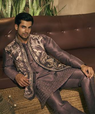 Purple motifs cotton silk kurta jacket set 5