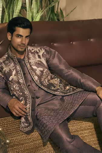 Purple motifs cotton silk kurta jacket set