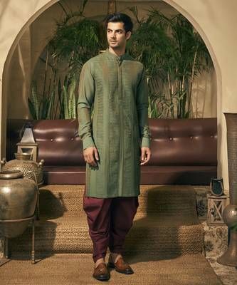 Green stitch detailing cotton silk kurta pajama 1