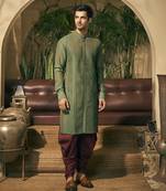 Green stitch detailing cotton silk kurta pajama