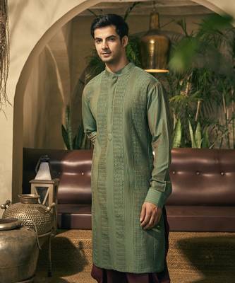 Green stitch detailing cotton silk kurta pajama 2