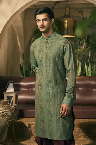 Green stitch detailing cotton silk kurta pajama