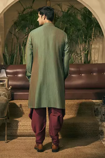 Green stitch detailing cotton silk kurta pajama