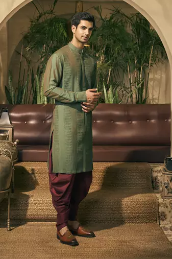Green stitch detailing cotton silk kurta pajama