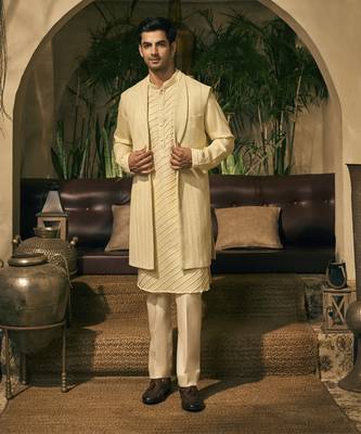 Green embroidery cotton silk kurta jacket set 1