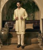 Green embroidery cotton silk kurta jacket set