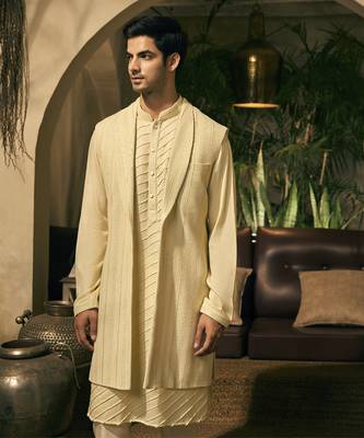 Green embroidery cotton silk kurta jacket set 2