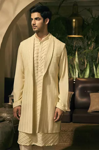 Green embroidery cotton silk kurta jacket set