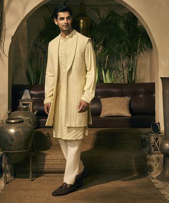 Green embroidery cotton silk kurta jacket set 3