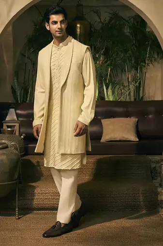 Green embroidery cotton silk kurta jacket set