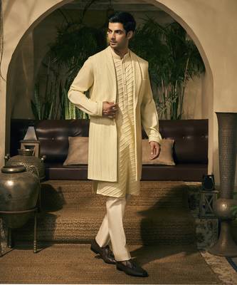 Green embroidery cotton silk kurta jacket set 4