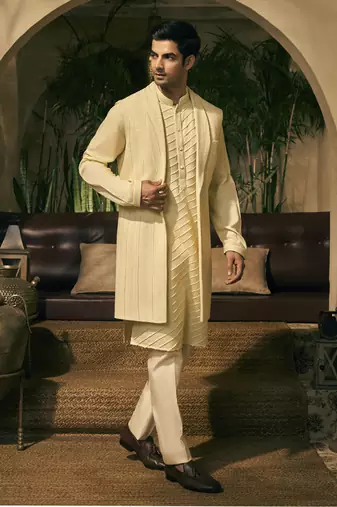 Green embroidery cotton silk kurta jacket set