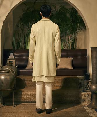Green embroidery cotton silk kurta jacket set 5