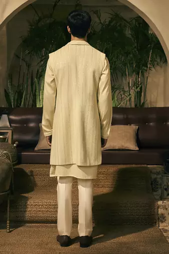 Green embroidery cotton silk kurta jacket set