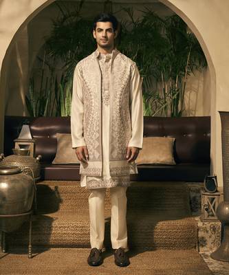 White aari embroidery work cotton silk kurta jacket set 1