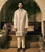 White aari embroidery work cotton silk kurta jacket set