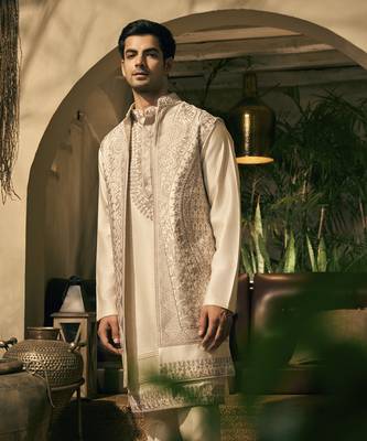 White aari embroidery work cotton silk kurta jacket set 2