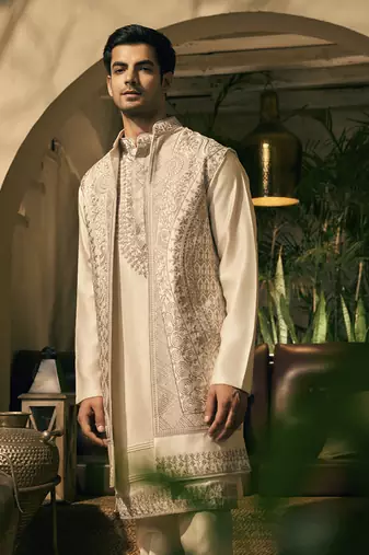 White aari embroidery work cotton silk kurta jacket set