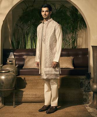White aari embroidery work cotton silk kurta jacket set 3