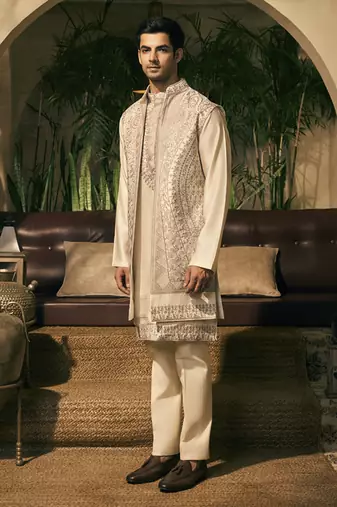 White aari embroidery work cotton silk kurta jacket set