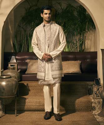 White aari embroidery work cotton silk kurta jacket set 4