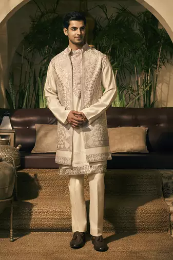 White aari embroidery work cotton silk kurta jacket set