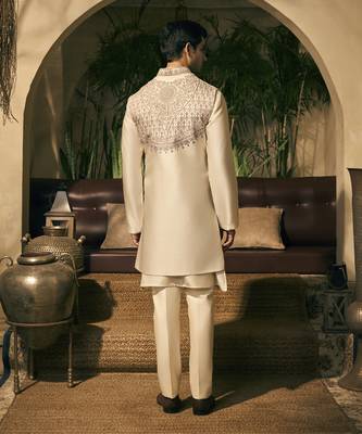 White aari embroidery work cotton silk kurta jacket set 5