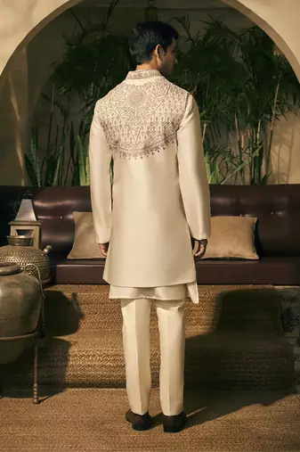 White aari embroidery work cotton silk kurta jacket set