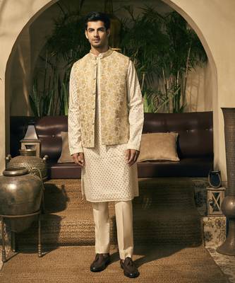 Beige print chanderi kurta jacket set 1