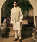 Beige print chanderi kurta jacket set