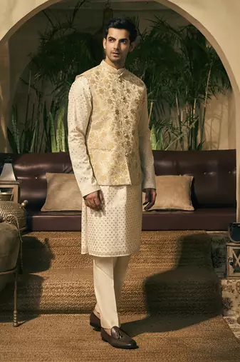 Beige print chanderi kurta jacket set