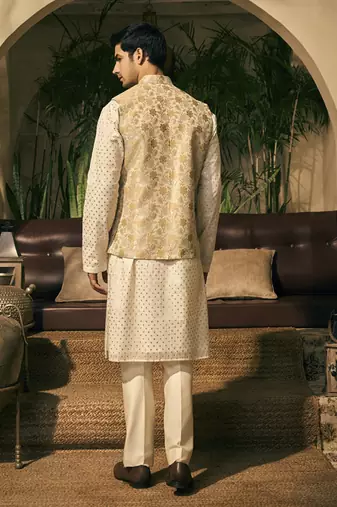 Beige print chanderi kurta jacket set