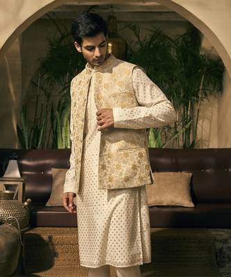 Beige print chanderi kurta jacket set 4