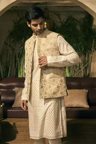 Beige print chanderi kurta jacket set