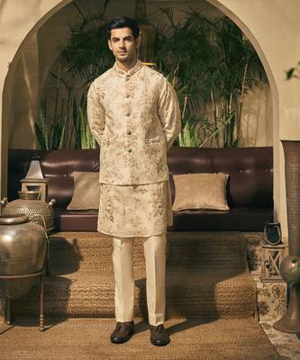 Beige embroidery cotton silk kurta jacket set 1