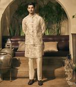 Beige embroidery cotton silk kurta jacket set